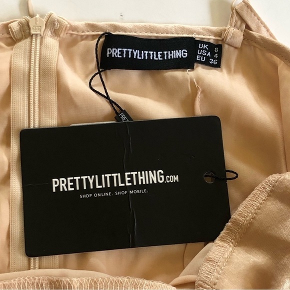 PrettyLittleThing Champagne Satin Cowl Ruched Side Strappy Bodycon Dress Sz 4 - Picture 7 of 16